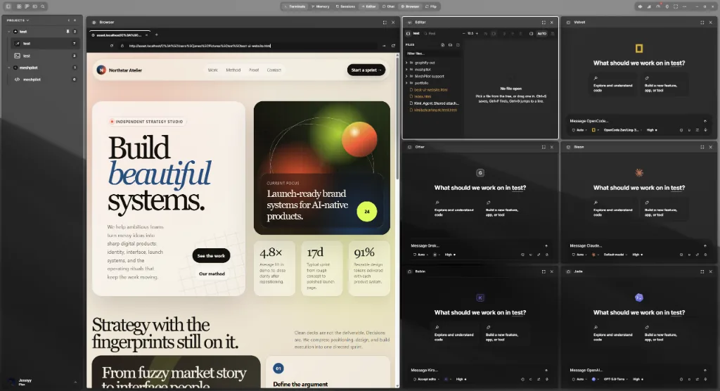 A browser pane running a local dev server beside an editor and four agent panes