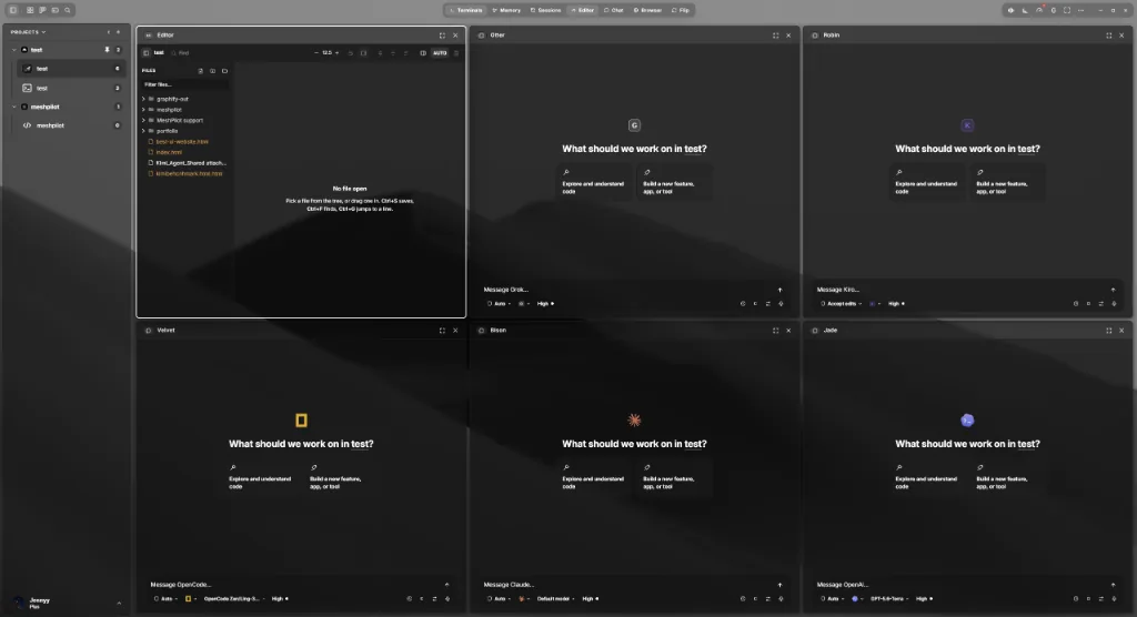 The MeshConsole Bench — five agent panes and an editor over one project folder
