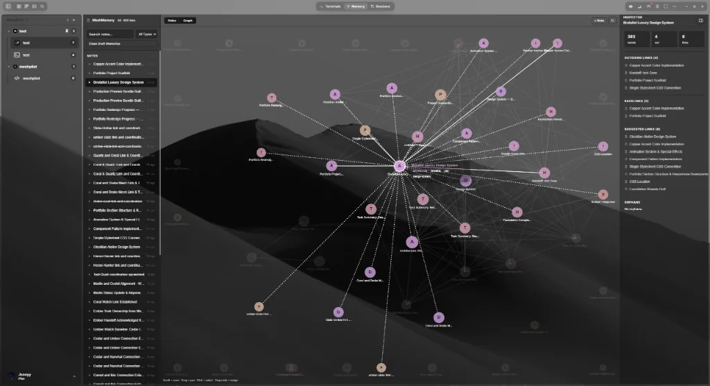 MeshMemory — a graph of linked project notes with a backlink inspector