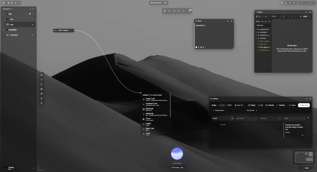 The MeshConsole Studio board with a linked agent, notes, editor and Kanban