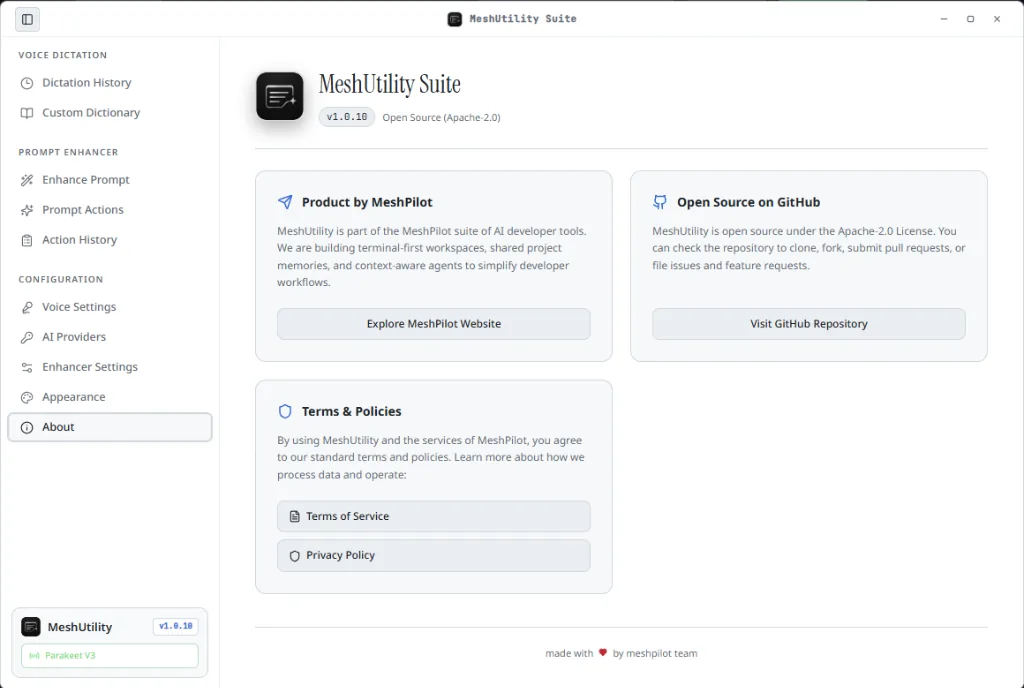 The MeshUtility Suite about screen, showing the Apache-2.0 licence and GitHub link