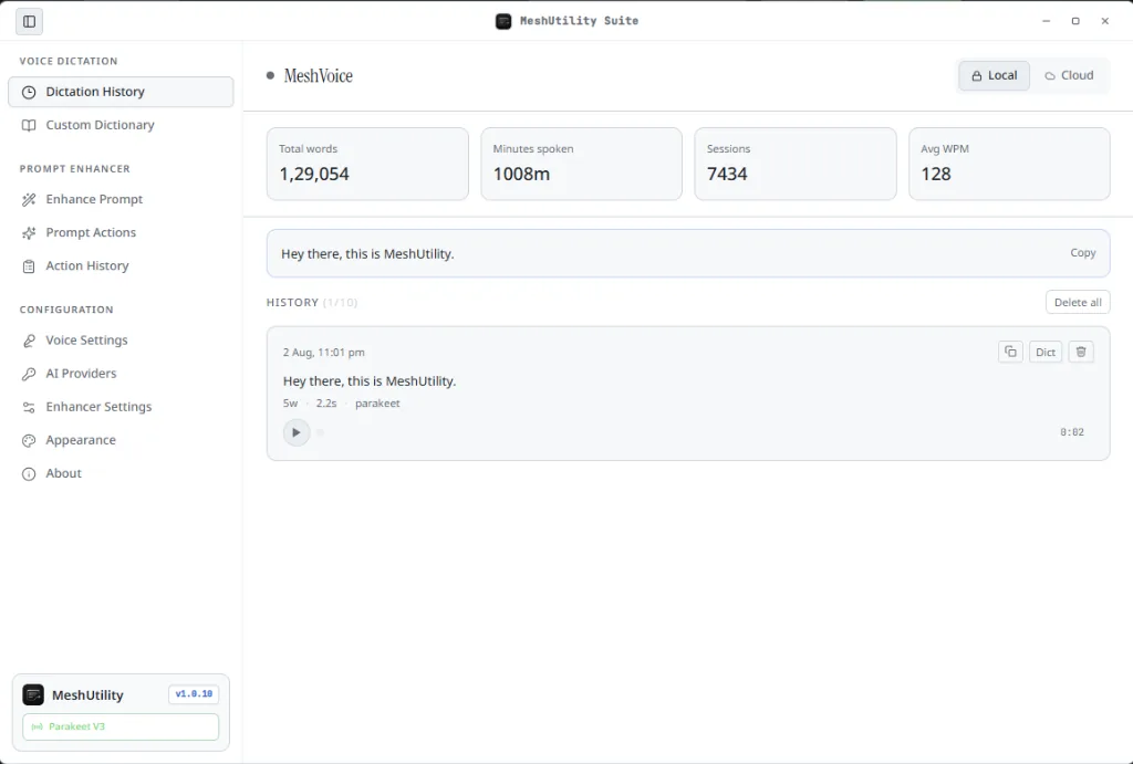 MeshVoice Dictation History Dashboard